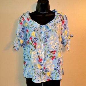 City Vibe Blue & White Stripe Flowered Button Top